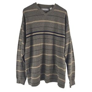 Pierre Cardin Mens XL Brown Striped V-Neck 100% Cotton Ribbed Knit Sweater